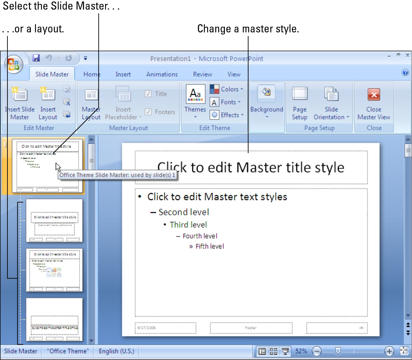 Figure 2-1: By changing master styles on the Slide Master or a layout, you can reformat many different slides simultaneously.